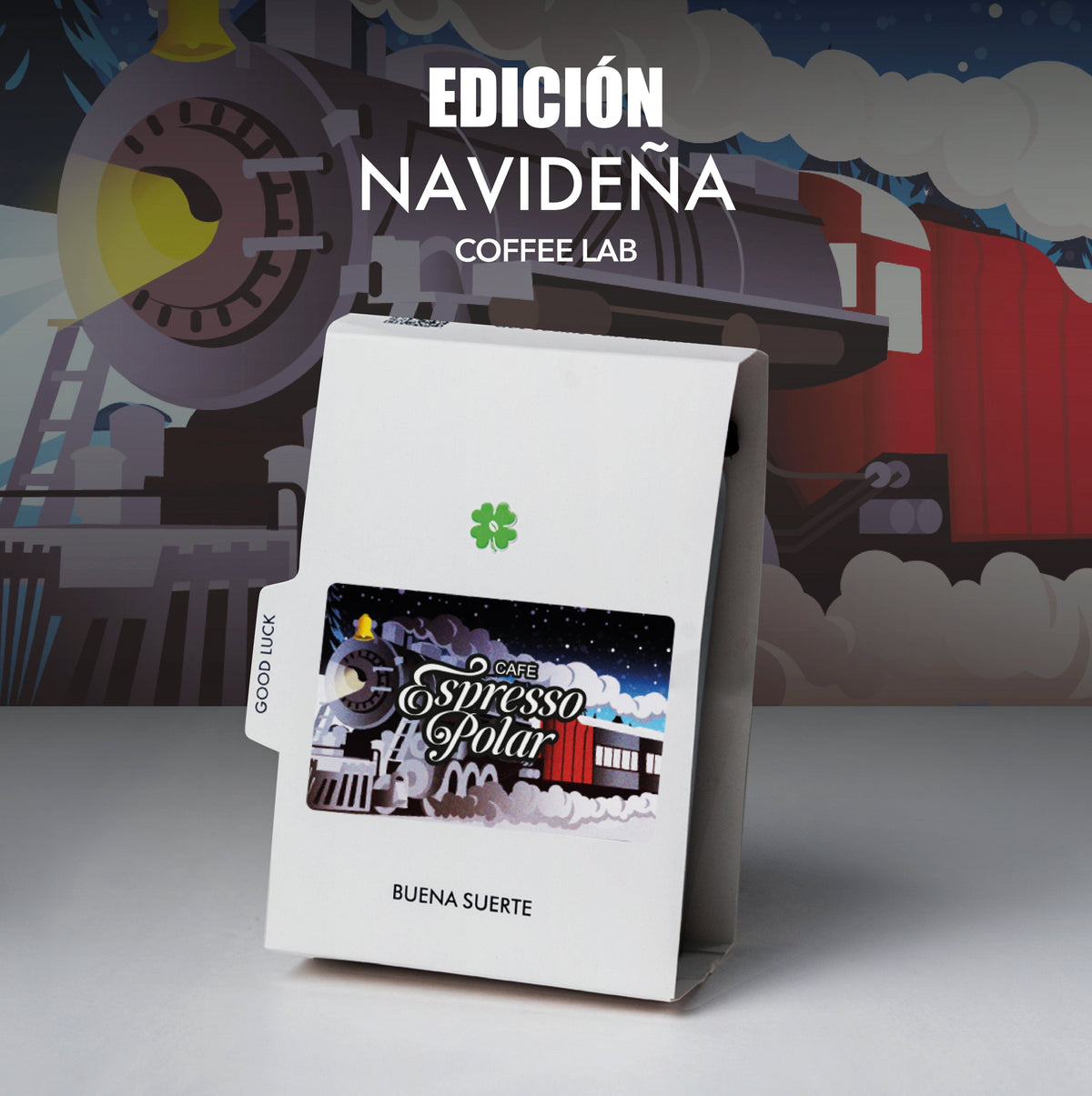 Bolsa blanca con trébol verde y etiqueta Espresso Polar de tren nevado, sobre fondo ilustrado del mismo tren